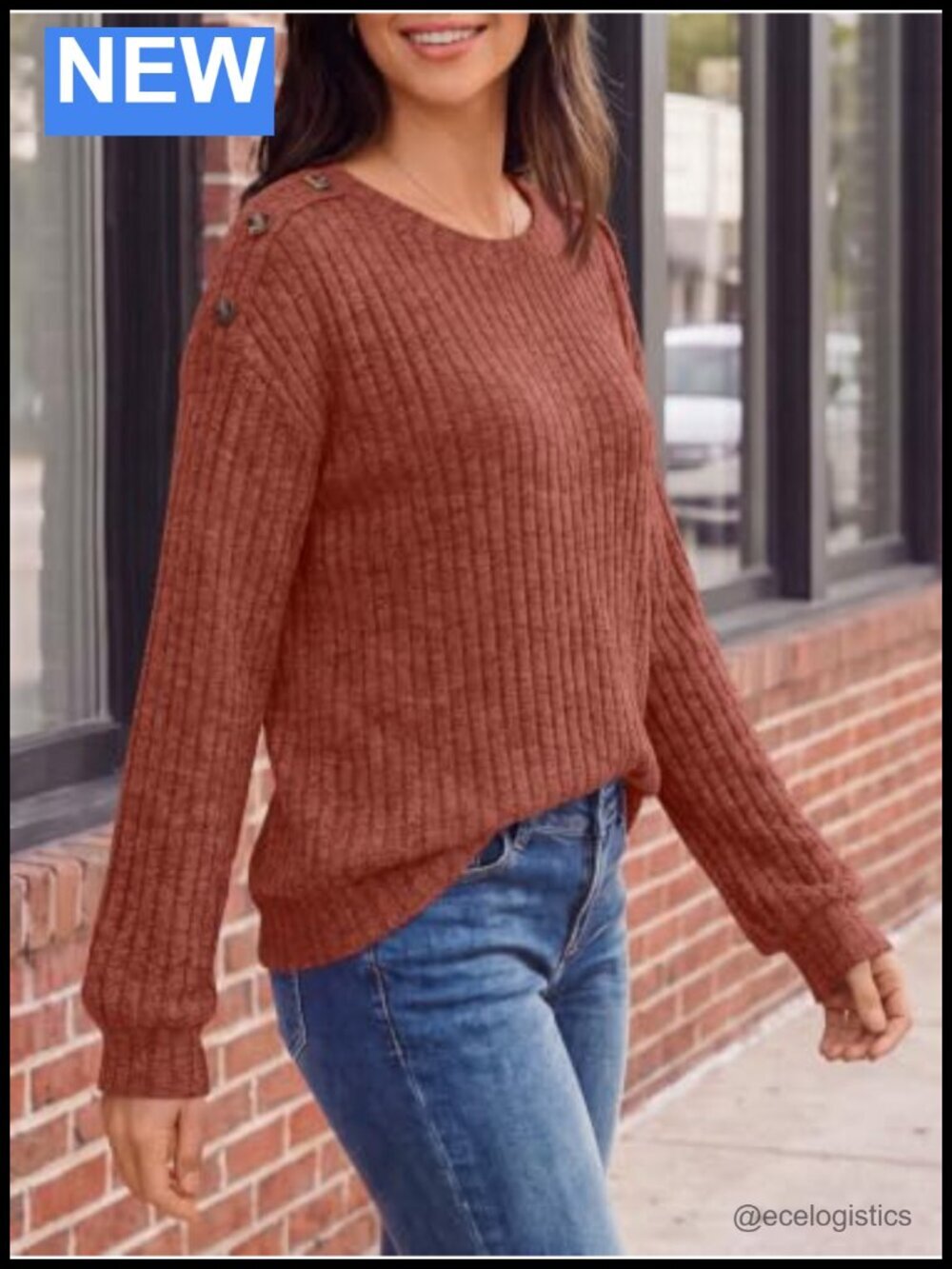 Women's Long Sleeve Ribbed Knit Pullover Tops with Shoulder Buttons